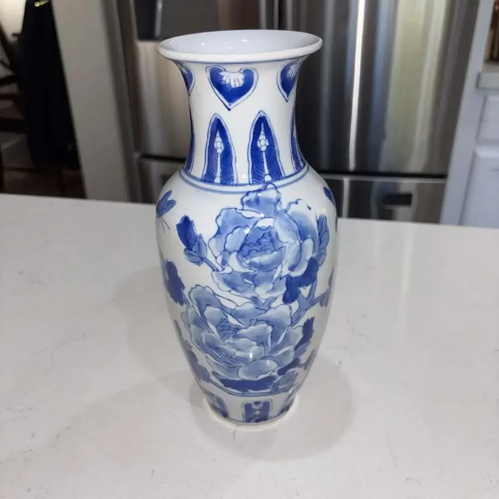 Vintage Blue and White Floral Porcelain Vase with Butterfly Motif